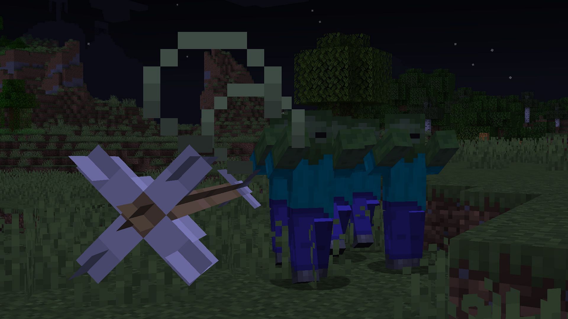 A poisoned arrow flying towards a group of zombies (Image via Mojang)