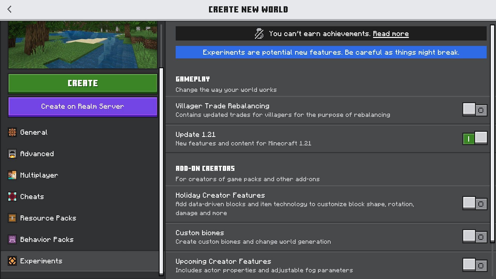 The &quot;Experiments&quot; section of the world creation menu (Image via Mojang)