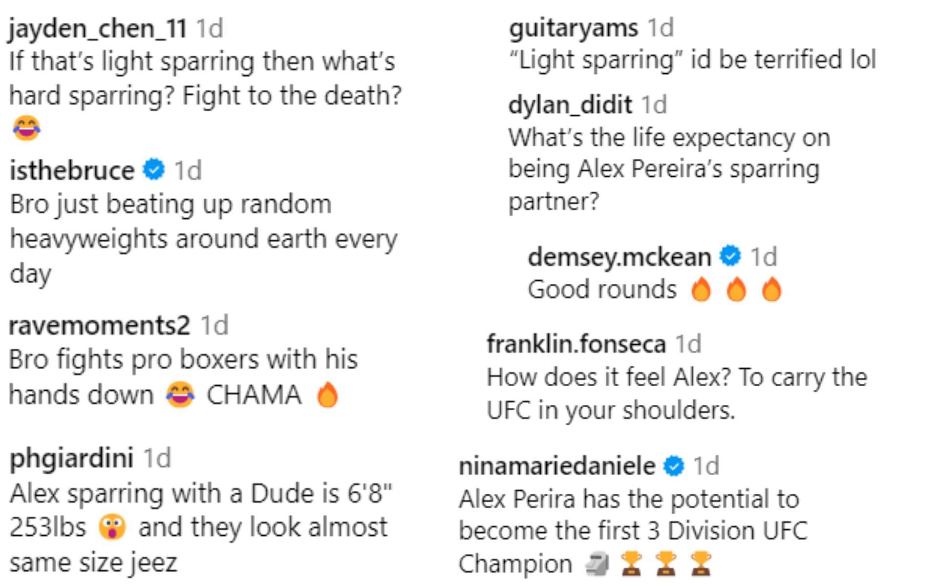 Screenshot of fan reactions to Alex Pereira&#039;s post on Instagram