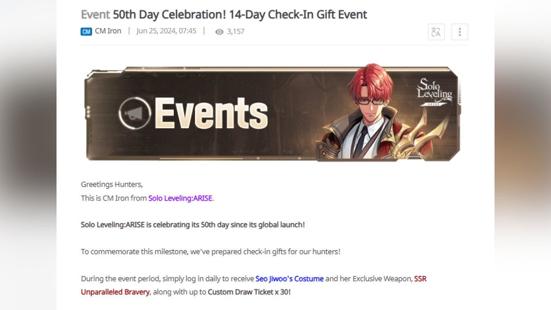 The 50th Day Celebration Check-In event will be available from June 27 to July 31, 2024. (Image via Netmarble)