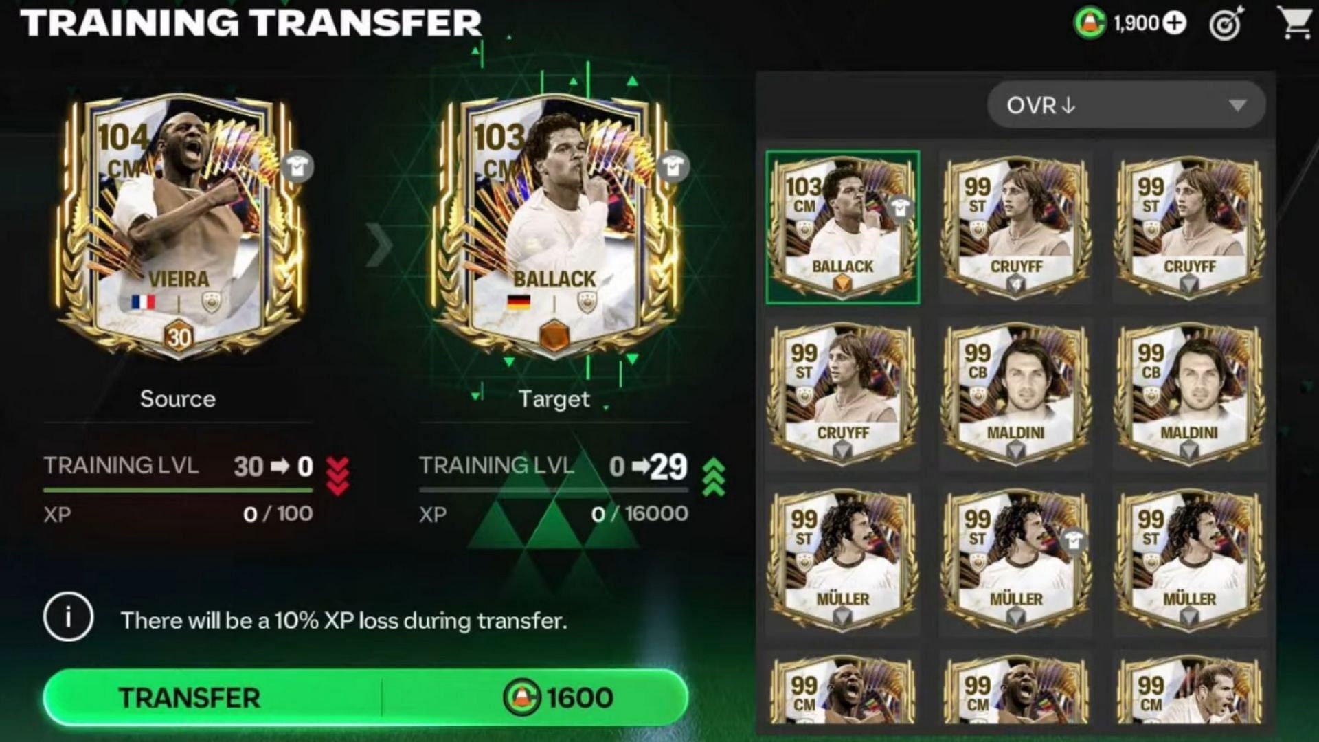 Training Transfer in EA FC Mobile between two cards of the same rank (Image via YouTube/EA Sports FC Mobile)