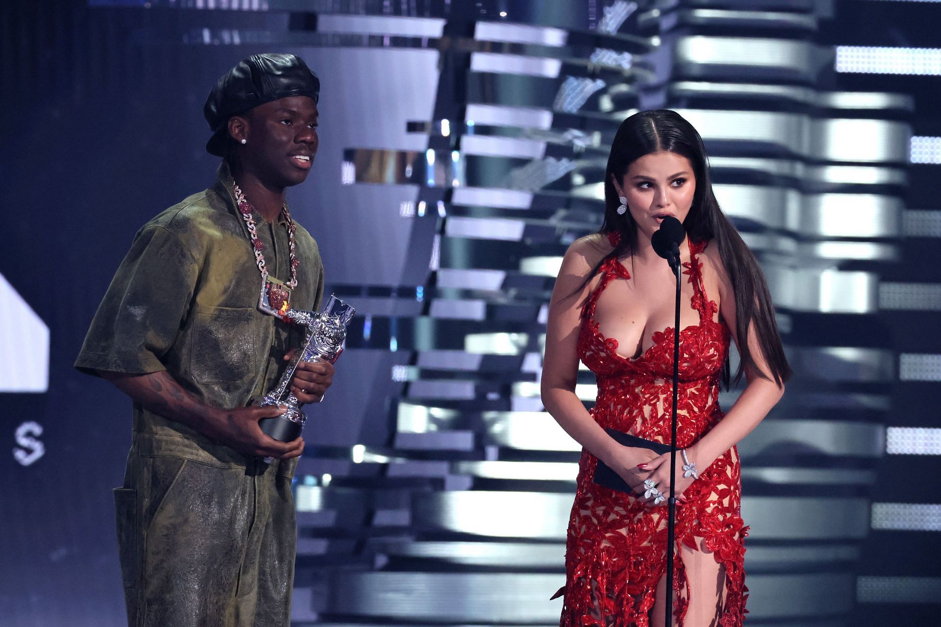 Rema and Gomez onstage at the 2023 MTV Video Music Awards (Photo by Dia Dipasupil/Getty Images)