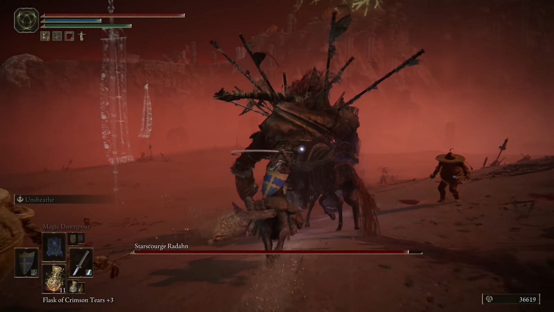 Summon all the NPCs you can for the Radahn fight. (Image via FromSoftware || YouTube/Boss Fight Database)