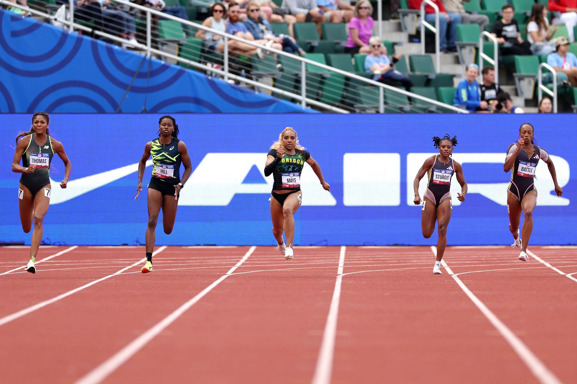 Gabby Thomas competing at U.S. 2024 Olympic Track and Field Trials [Extreme Left]