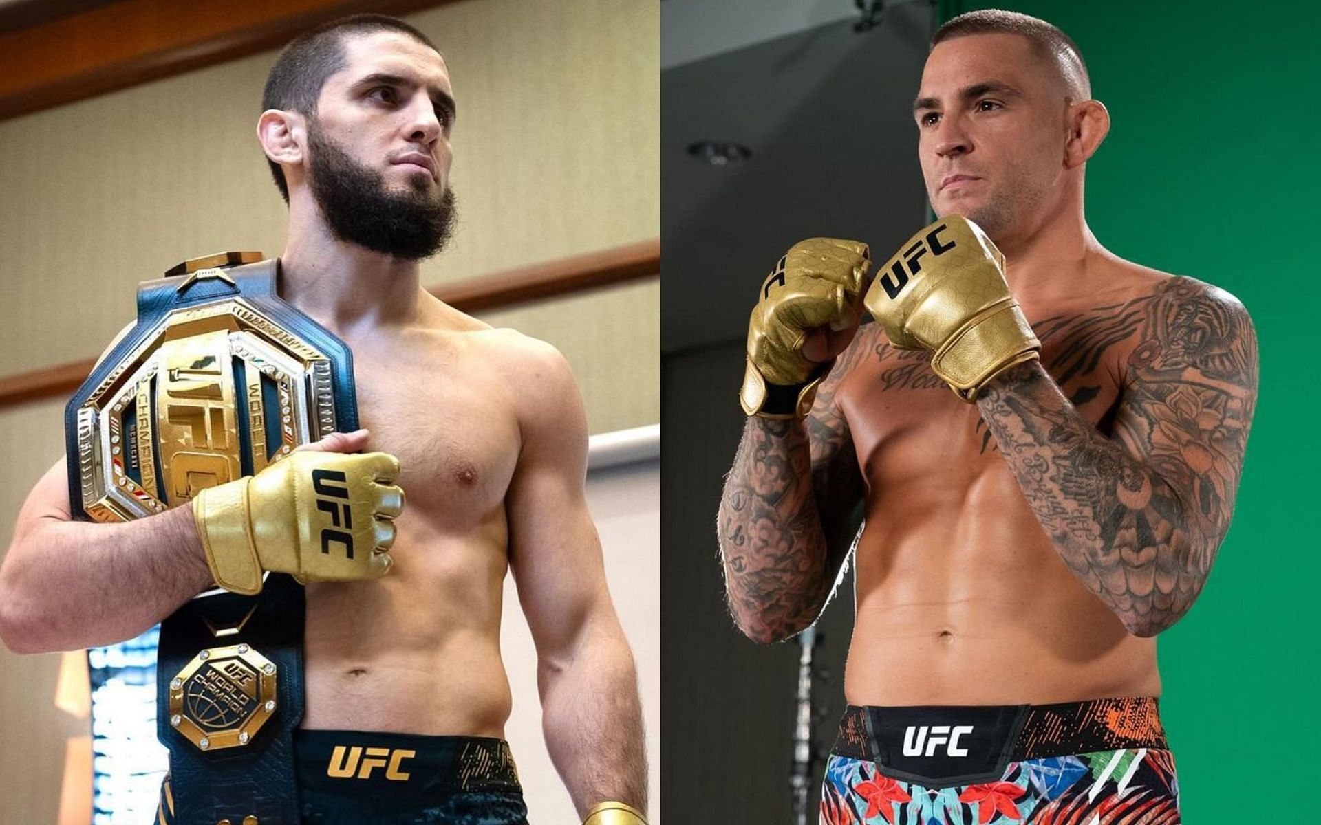 Islam Makhachev (left) puts his lightweight title on the line against Dustin Poirier (right) at UFC 302 [Images courtesy @ufc on Instagram]