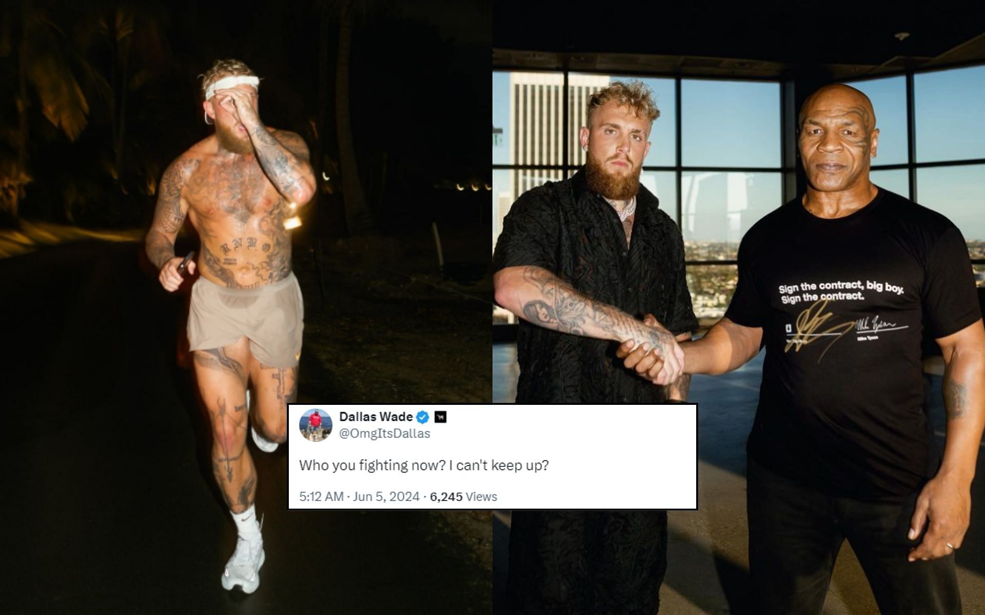 Fans are confused (insert) as Jake Paul (left) is now cutting weight after his heavyweight fight with Mike Tyson (far right) has been postponed. [Image credit: @jakepaul on X, @jakepaul on Instagram]