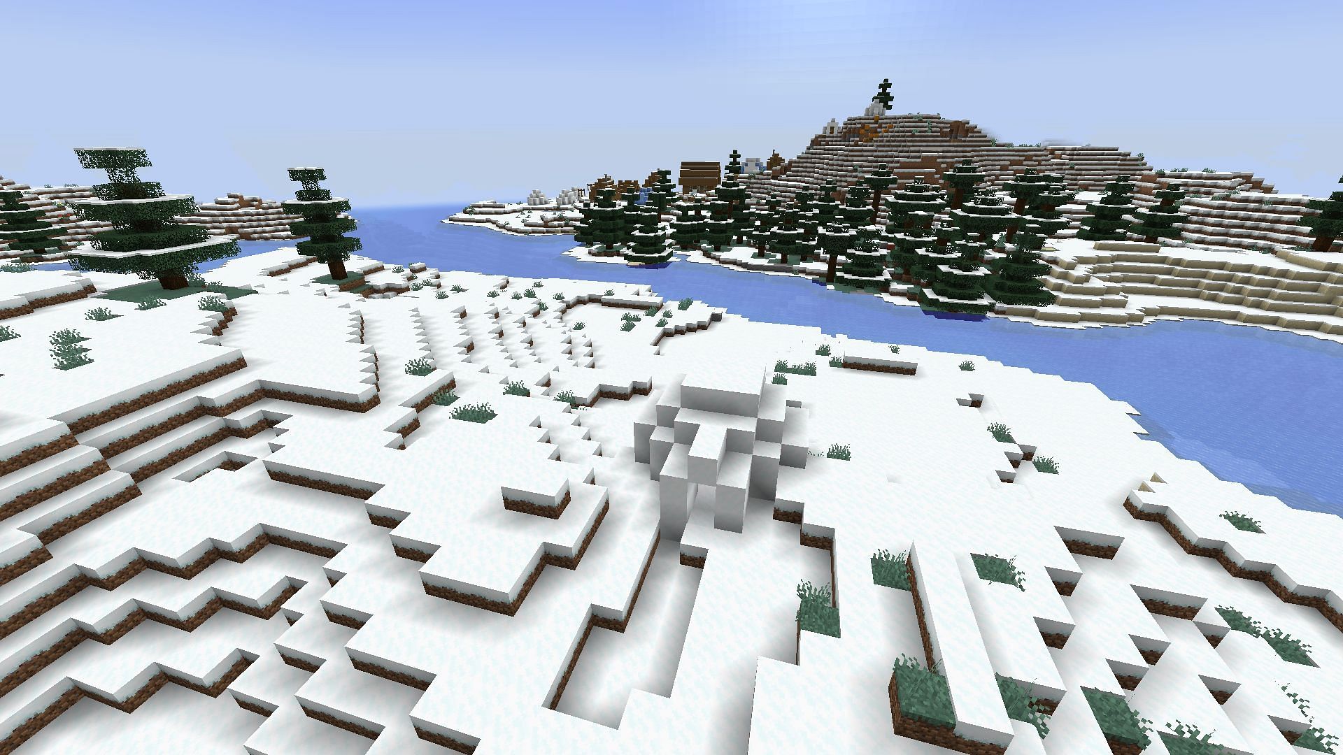 A basement igloo with a nearby village (Image via Mojang)