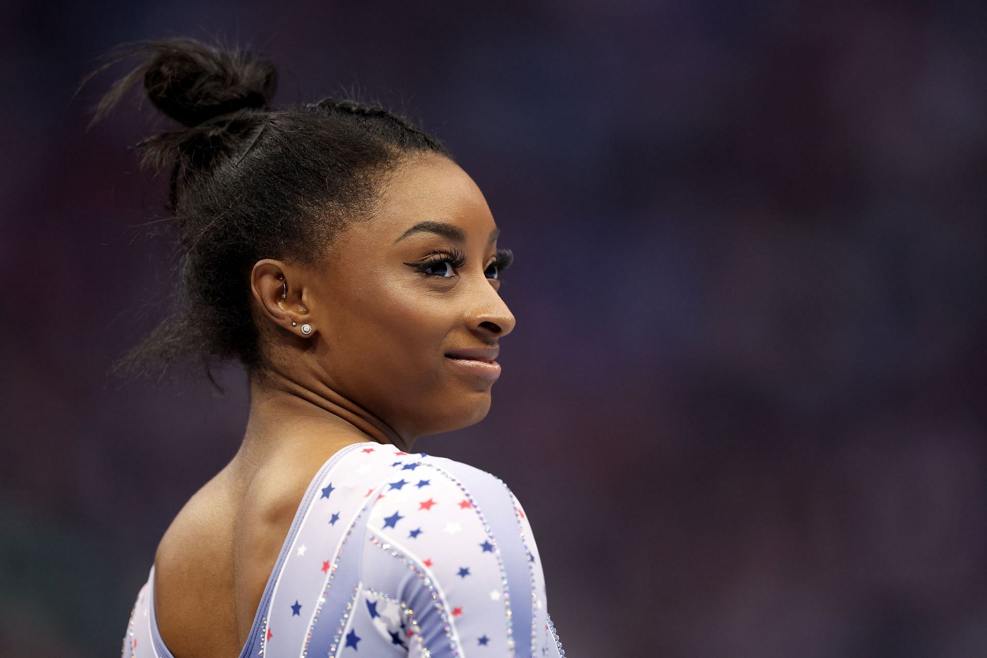 Simone Biles smiles on Day Two of the 2024 U.S. Olympic Team Gymnastics Trials at Target Center in Minneapolis, Minnesota. (Photo by Getty Images)