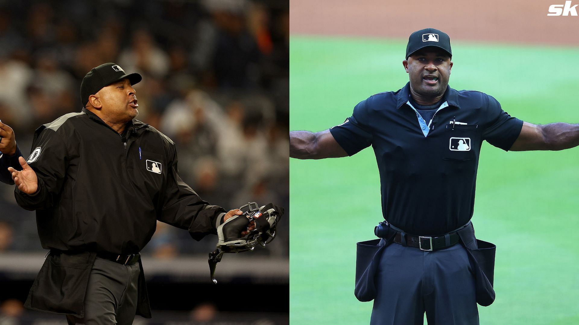 Umpire Alan Porter makes the review call of a challenge by the Atlanta Braves against the Boston Red Sox at Truist Park