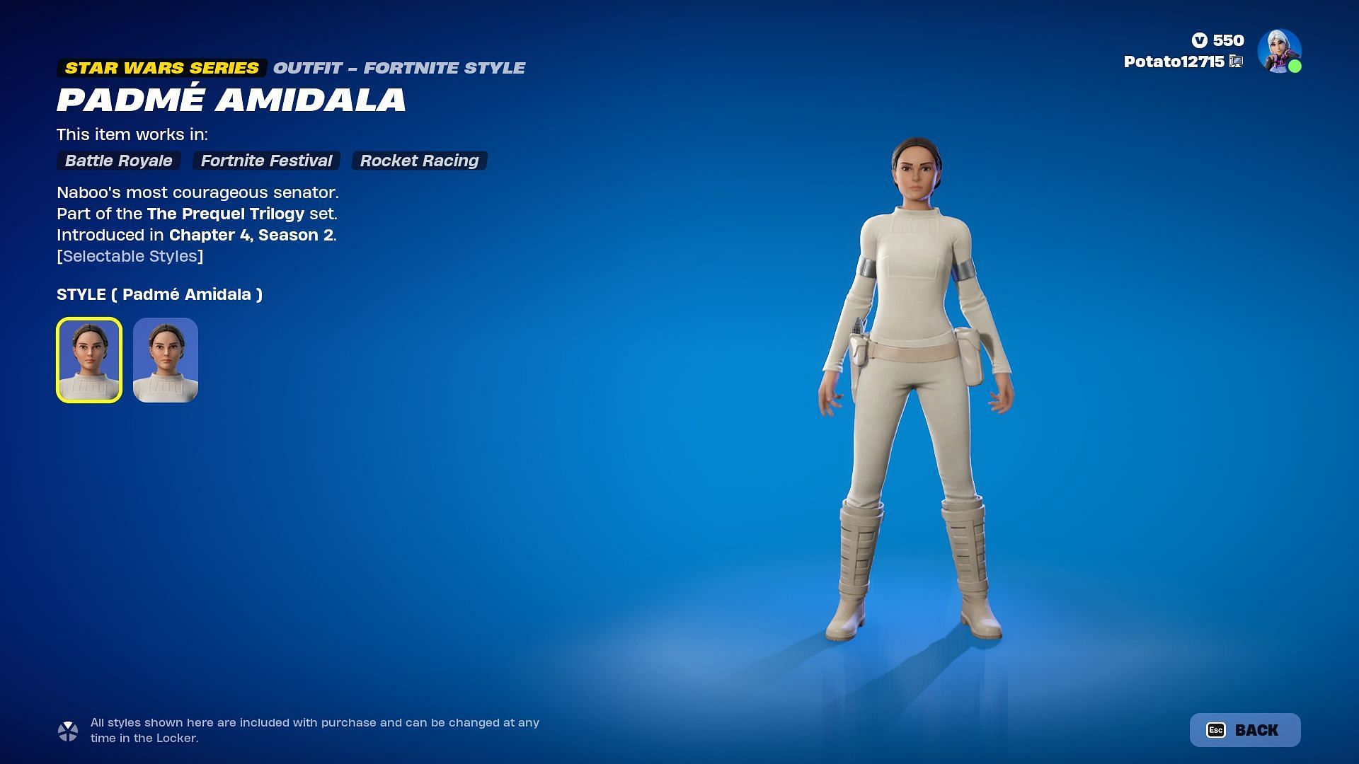 Padm&eacute; Amidala skin in Fortnite will be listed until June 6, 2024 (Image via Epic Games)