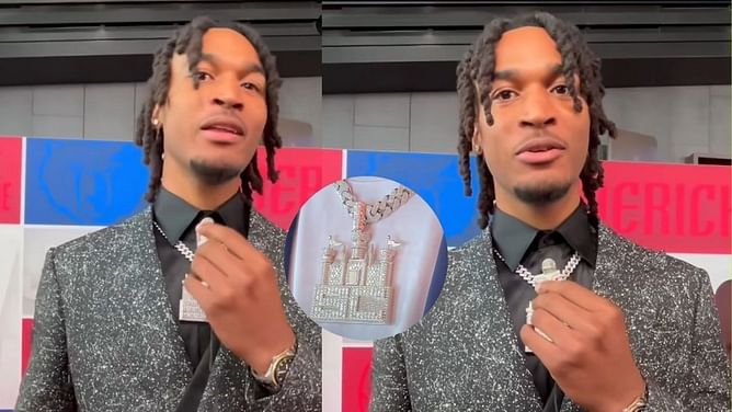 Stephon Castle stuns in black metallic suit and glittering custom-made castle chain for NBA draft
