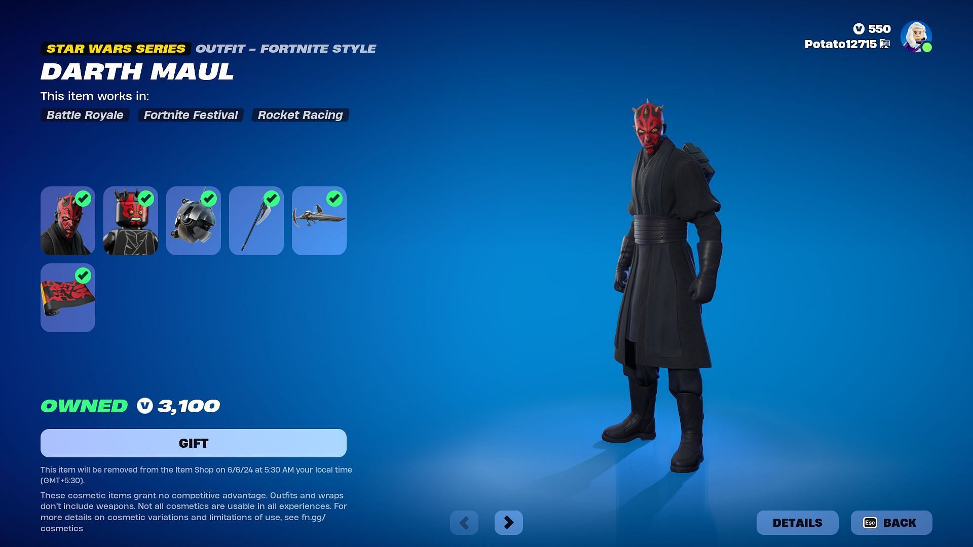 Darth Maul skin will be listed until June 6, 2024 (Image via Epic Games)