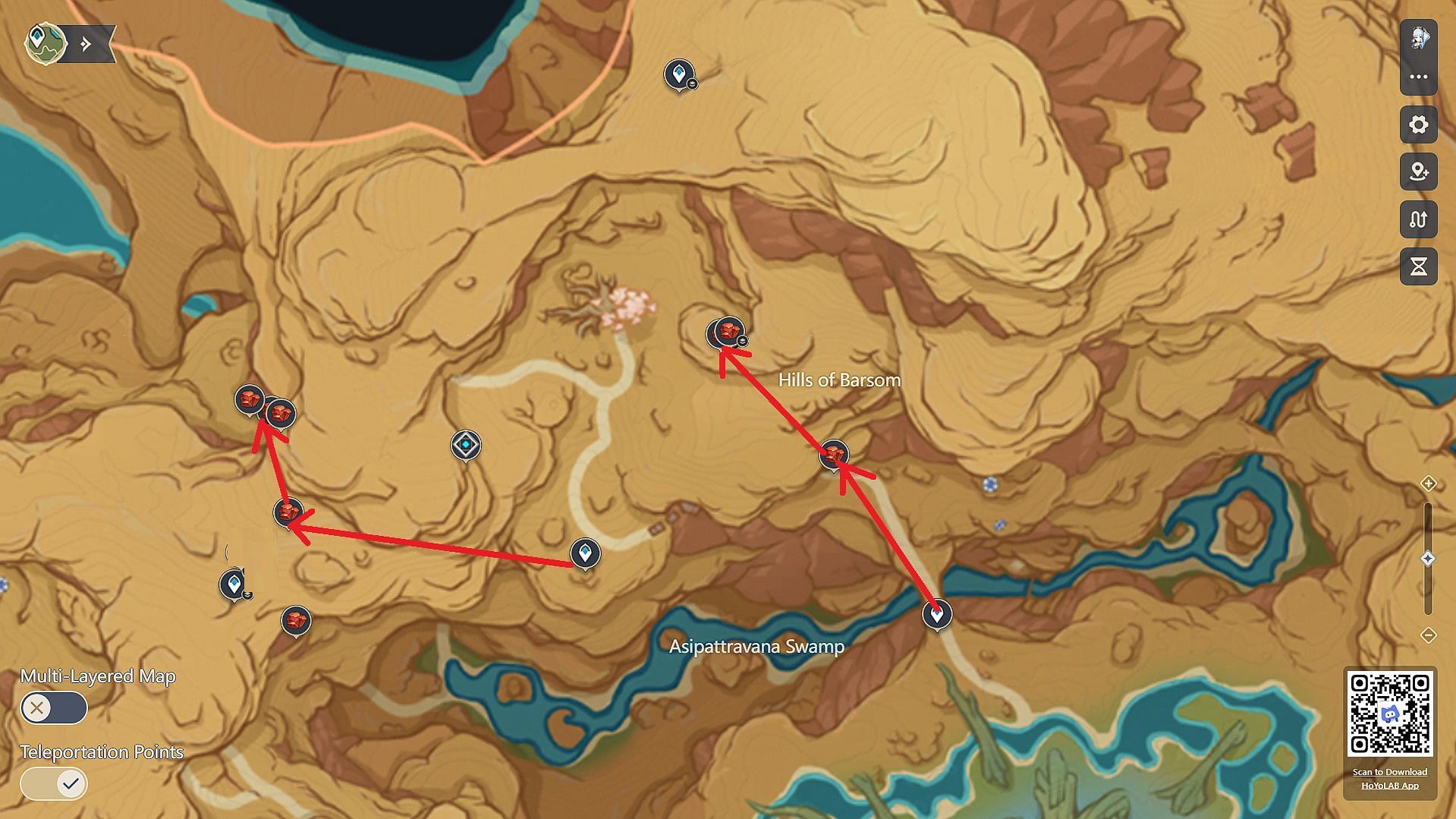 Spawn locations near Asipattravana Swamp (Image via HoYoverse)