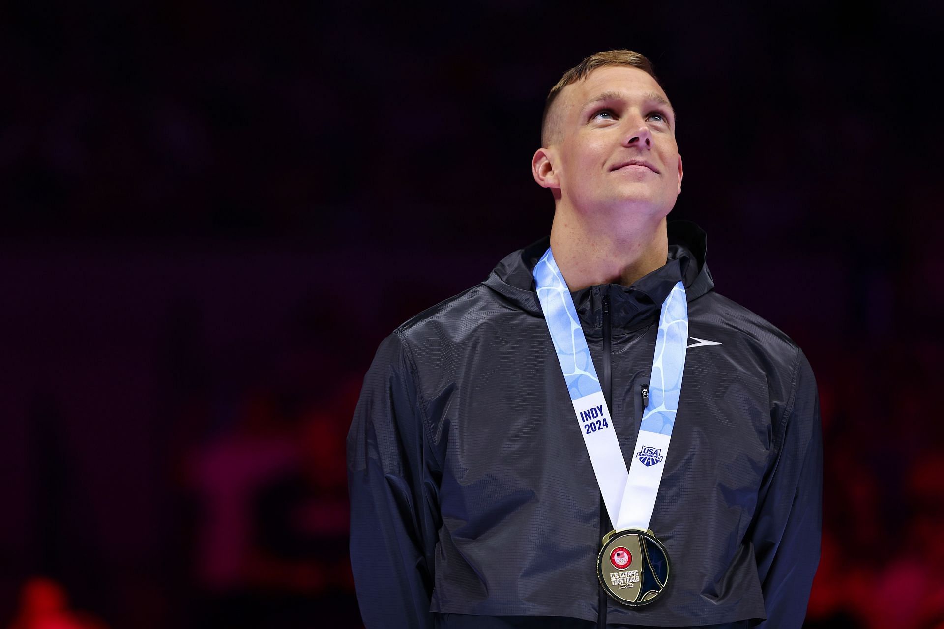 Caeleb Dressel looks on during the medal ceremony for the Men&#039;s 50m freestyle final at the 2024 U.S. Olympic Team Swimming Trials in Indianapolis, Indiana.