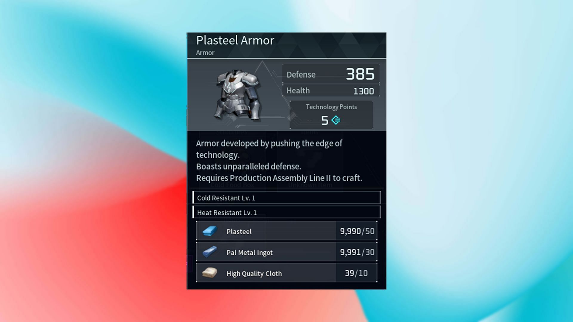 Plasteel Armor needs Plasteel (Image via Pocketpair Inc)