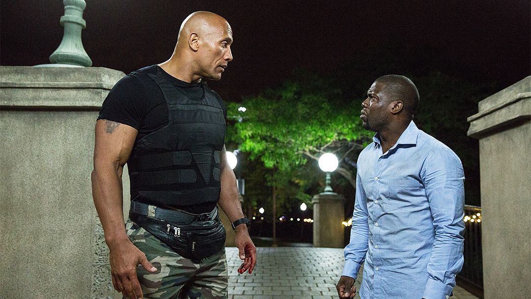 Kevin Hart and Dwanye &quot;The Rock&quot; Johnson travel across the country in Central Intelligence. (Image via Amazon Prime Video)