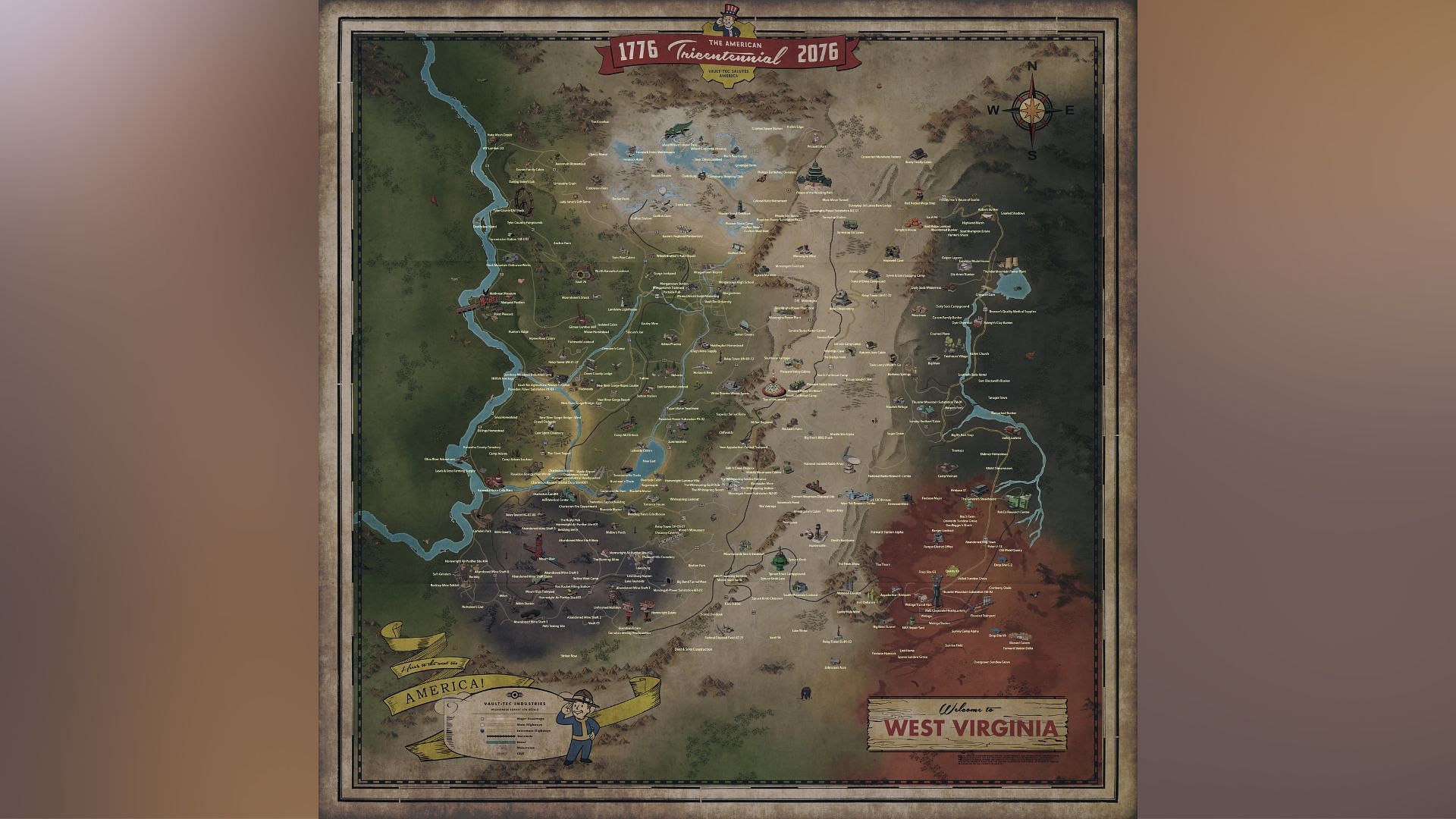 All nine free, fast travel locations in Fallout 76 (Image via Bethesda Game Studios)