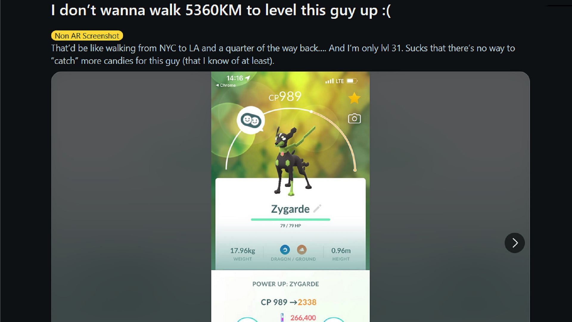 u/CallMePoro laments the walk distance to get enough Zygarde candies for leveling up in Pokemon GO (Image via u/CallMePoro/Reddit)