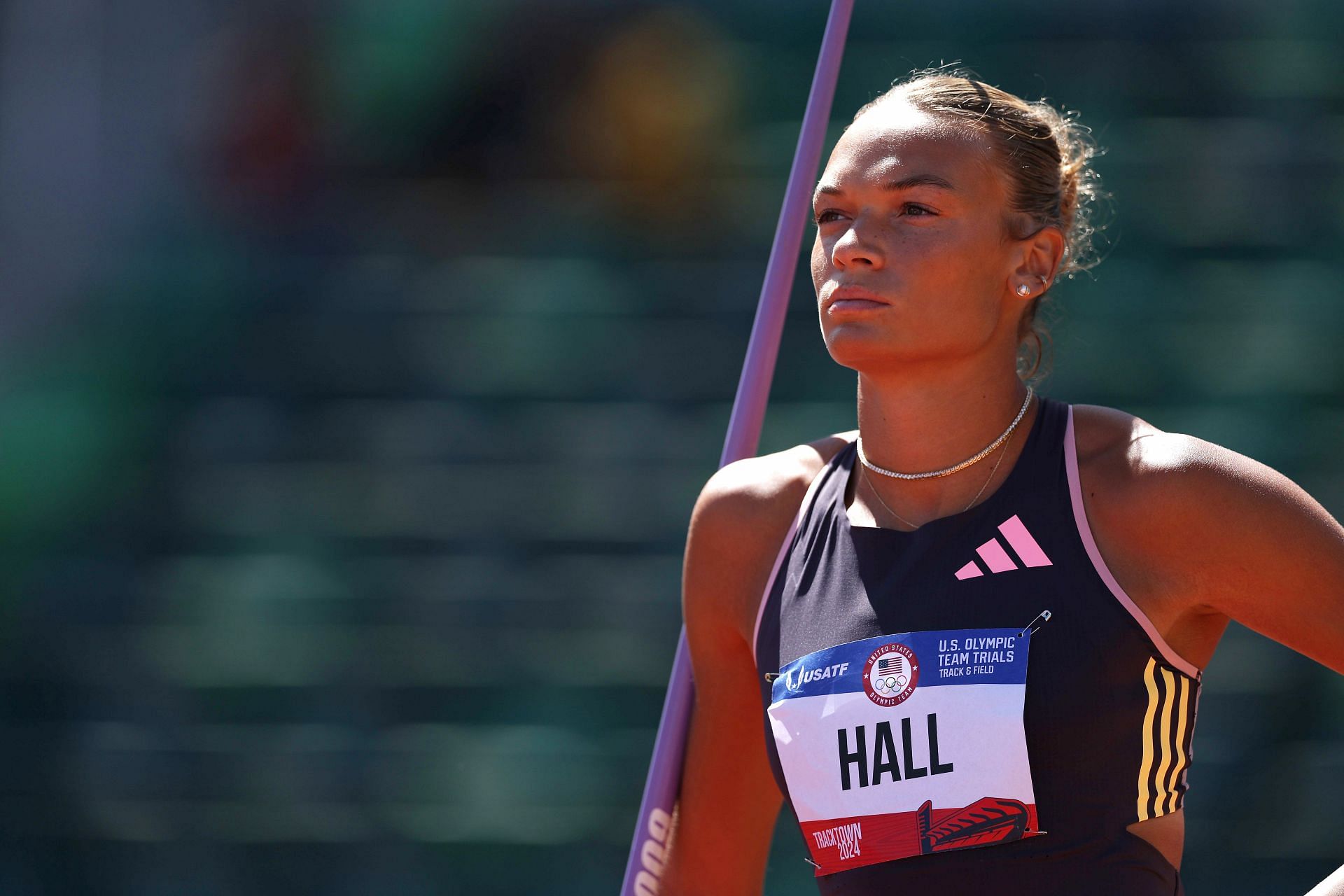 Anna Hall looks on while competing in the women&#039;s heptathlon javelin throw at the 2024 U.S. Olympic Team Track &amp; Field Trials at Hayward Field on June 24, 2024, in Eugene, Oregon. (Photo Getty Images)