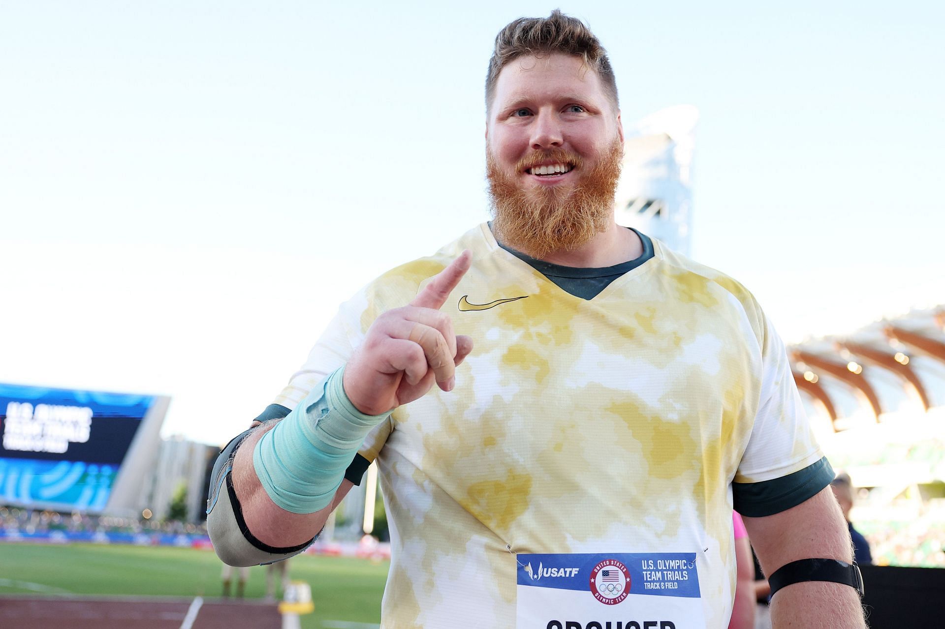 Ryan Crouser reacts after winning the men&#039;s shot put final at the 2024 U.S. Olympic Team Trials in Eugene.