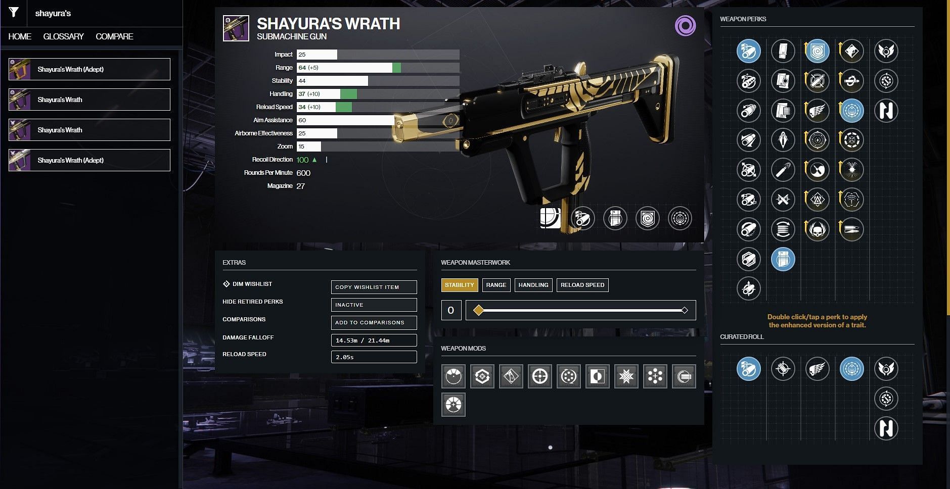 Shayura&#039;s Wrath PvE god roll (Image via D2Gunsmith)