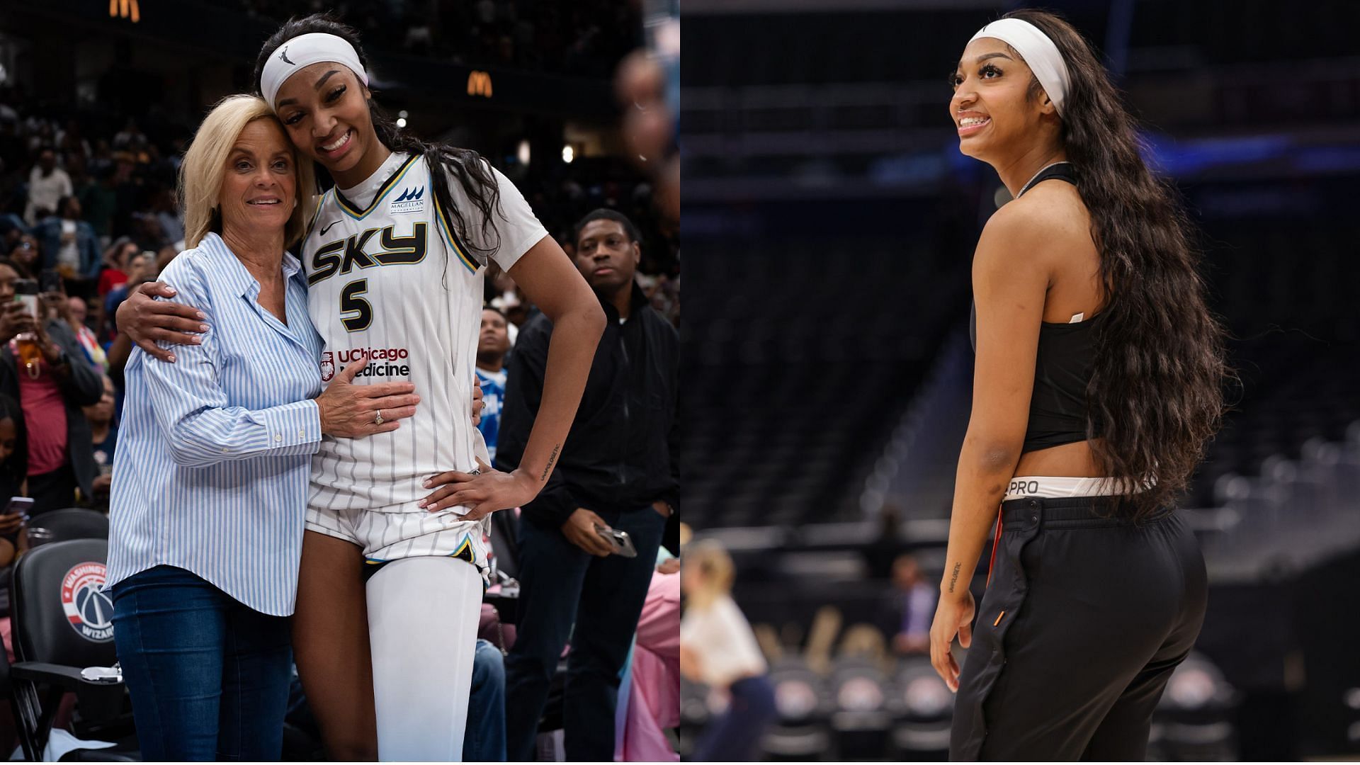 LSU head coach Kim Mulkey meets Angel Reese during an WNBA game