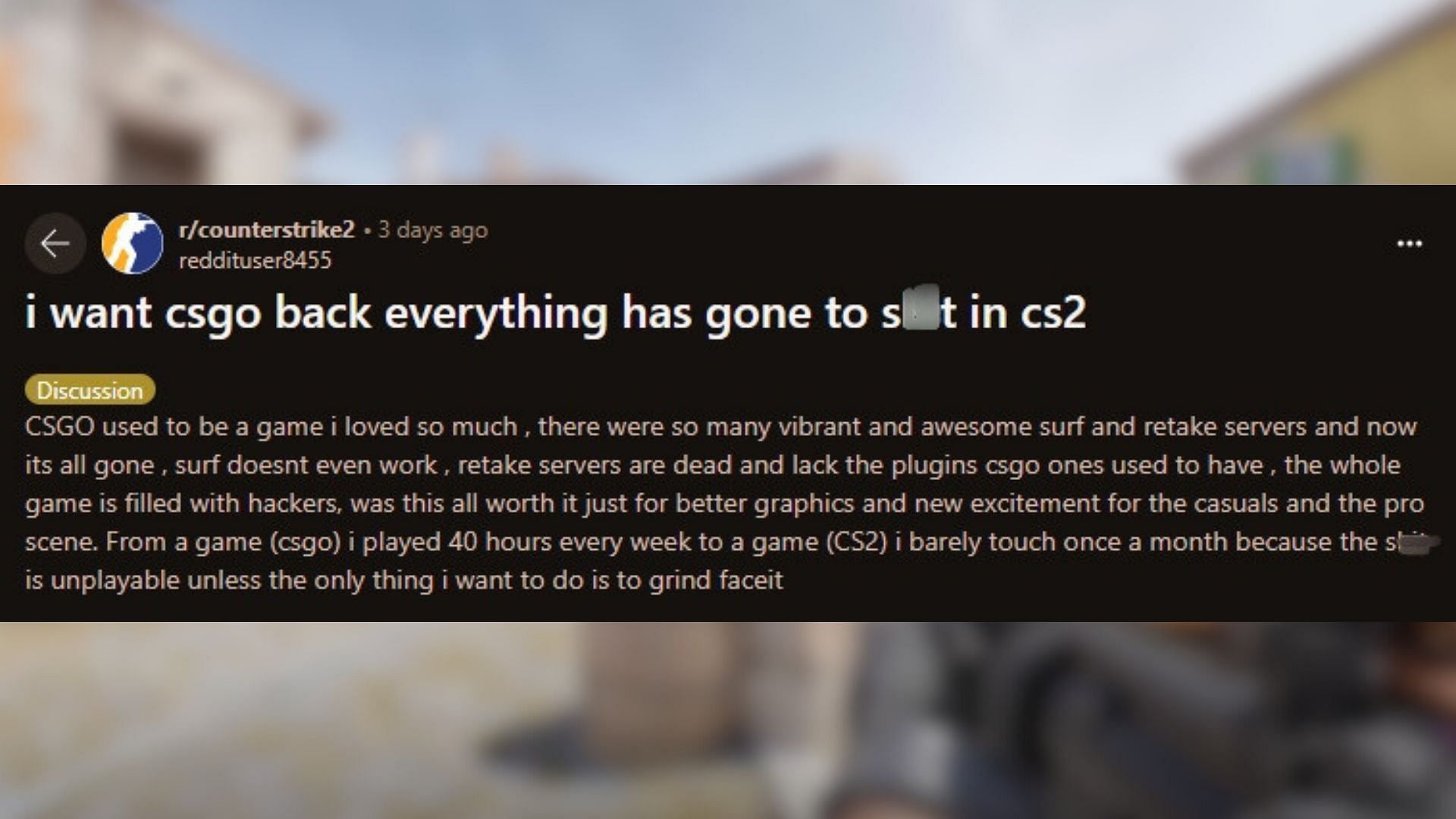 CS2 player wants CS:GO back (Image via Reddit/u/reddituser8455)