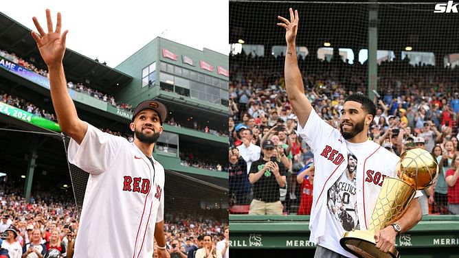Watch: NBA champs Jaylen Brown, Jayson Tatum, Joe Mazzulla, Kristaps Porzingis, Derrick White and Al Horford throw first pitch at Red Sox game