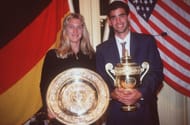 Steffi Graf and Pete Sampras pictured with their Wimbledon 1995 trophies