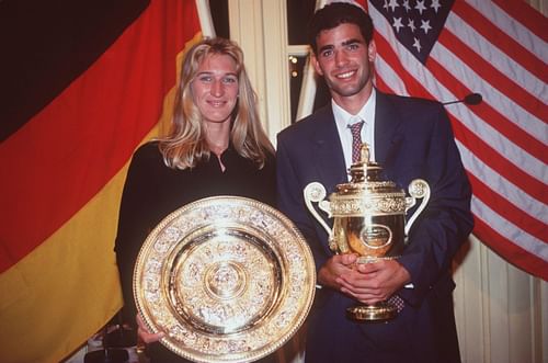 Steffi Graf and Pete Sampras pictured with their Wimbledon 1995 trophies