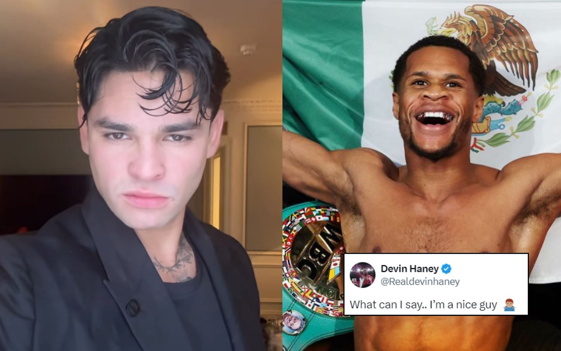 Ryan Garcia (left) reacts to a tweet (insert) by Devin Haney (right). [Image credit: @kingryan and @devinhaneypromotions on Instagram, @realdevinhaney on X]