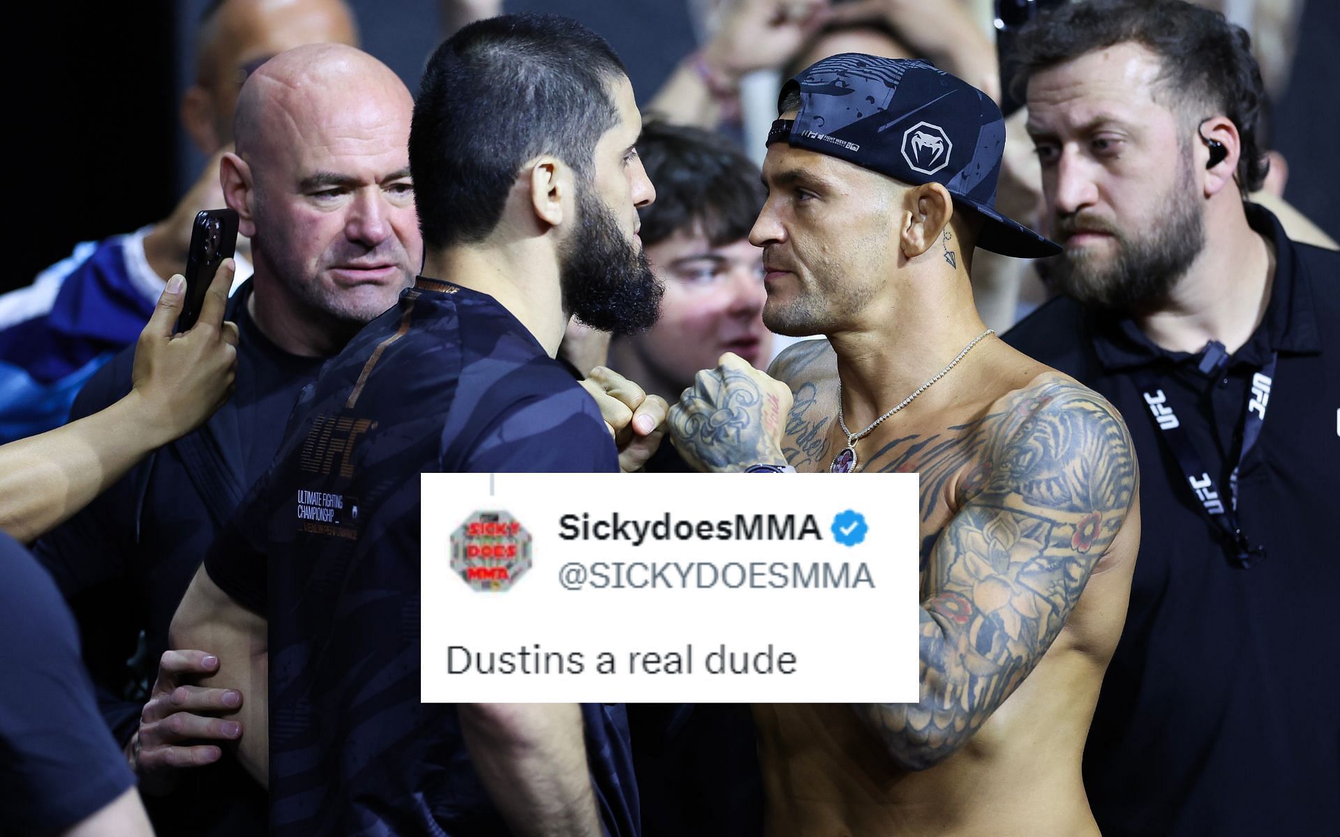 Islam Makhachev (left) and Dustin Poirier (right) followed their heated press conference face-off with a similarly intense, albeit more respectful, ceremonial weigh-in face-off [Images courtesy: Getty Images]