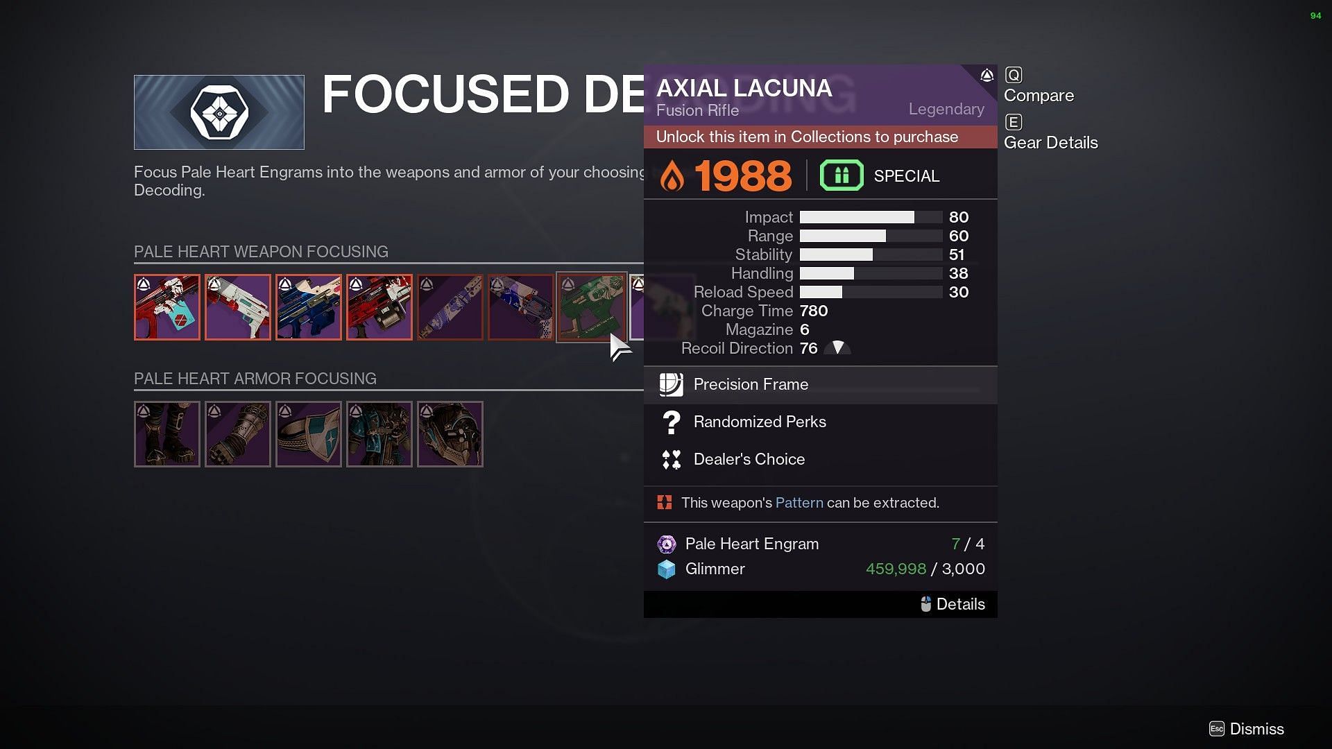 Axial Lacuna Fusion Rifle in Ghost inventory (Image vis Bungie)