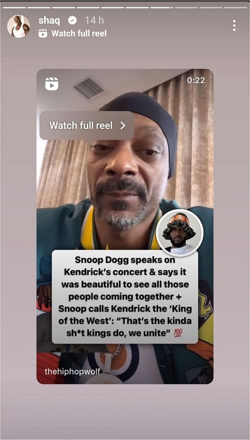 Shaquille O'Neal shared Snoop Dogg's video about Kendrick Lamar (Credit: IG/shaq)