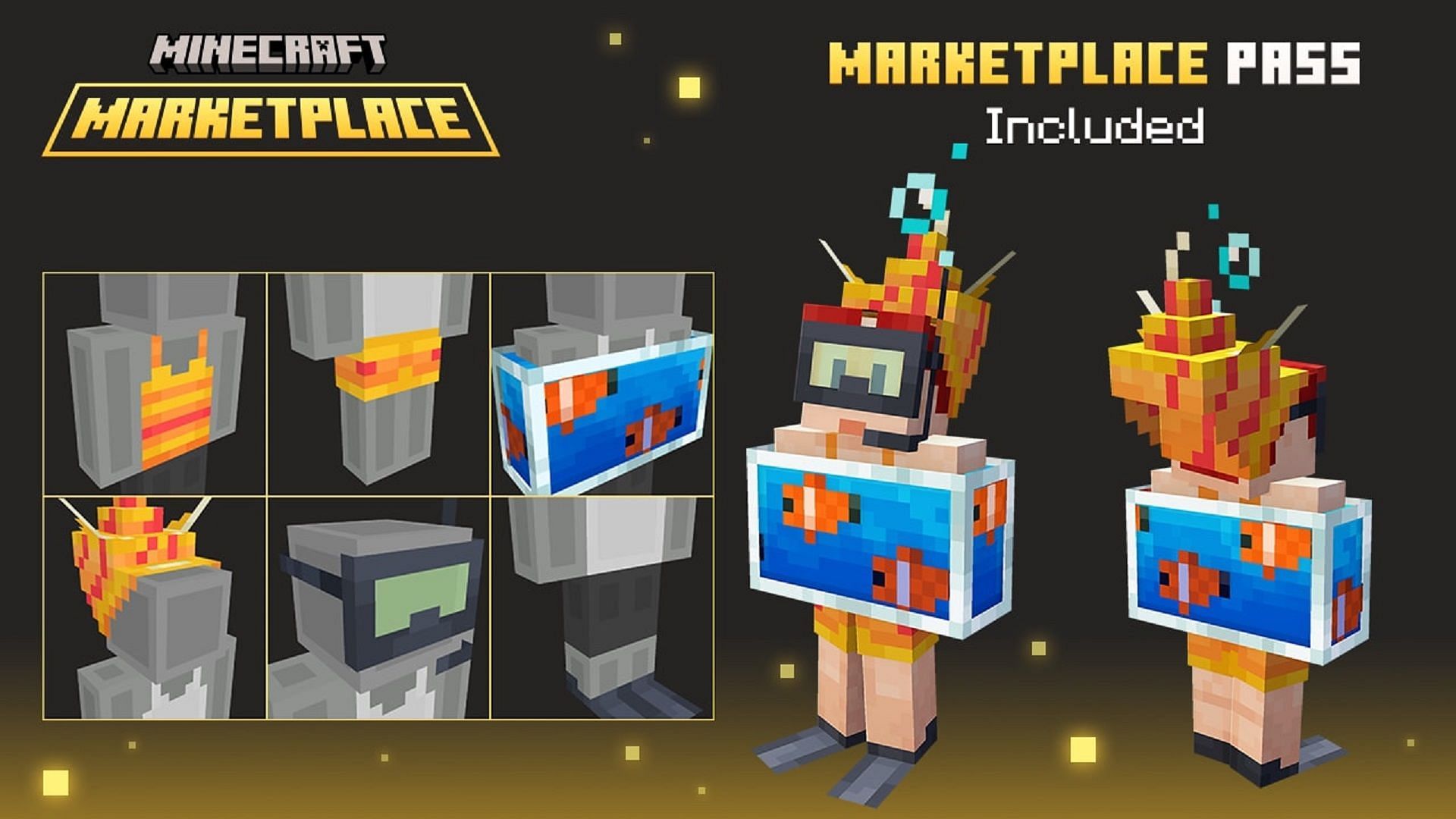 The six cosmetics players can claim in the Dressing Room as part of the Marketplace Pass (Image via Mojang)