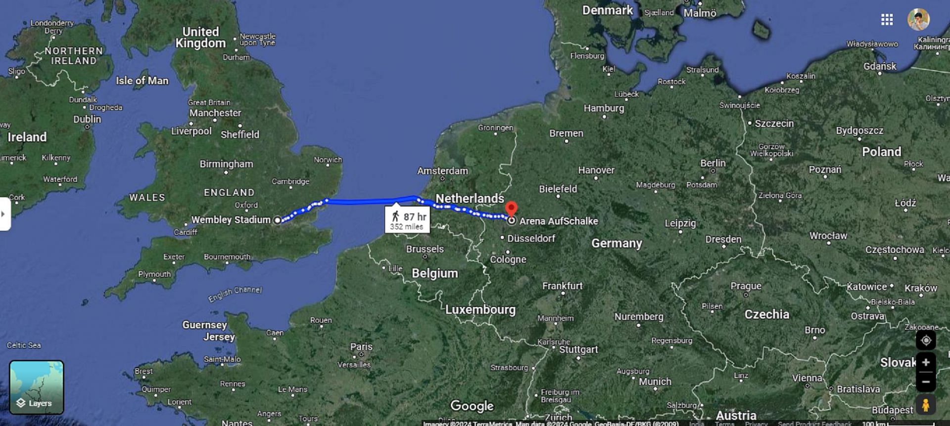 Russ Cook&#039;s first destination displayed on Google Maps (Image via Google Maps)