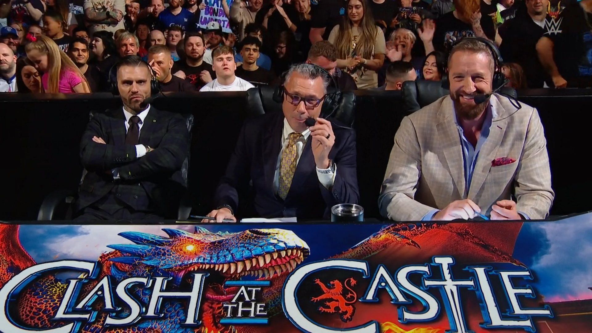 Corey Graves, Michael Cole, and Wade Barrett at WWE Clash at the Castle: Scotland