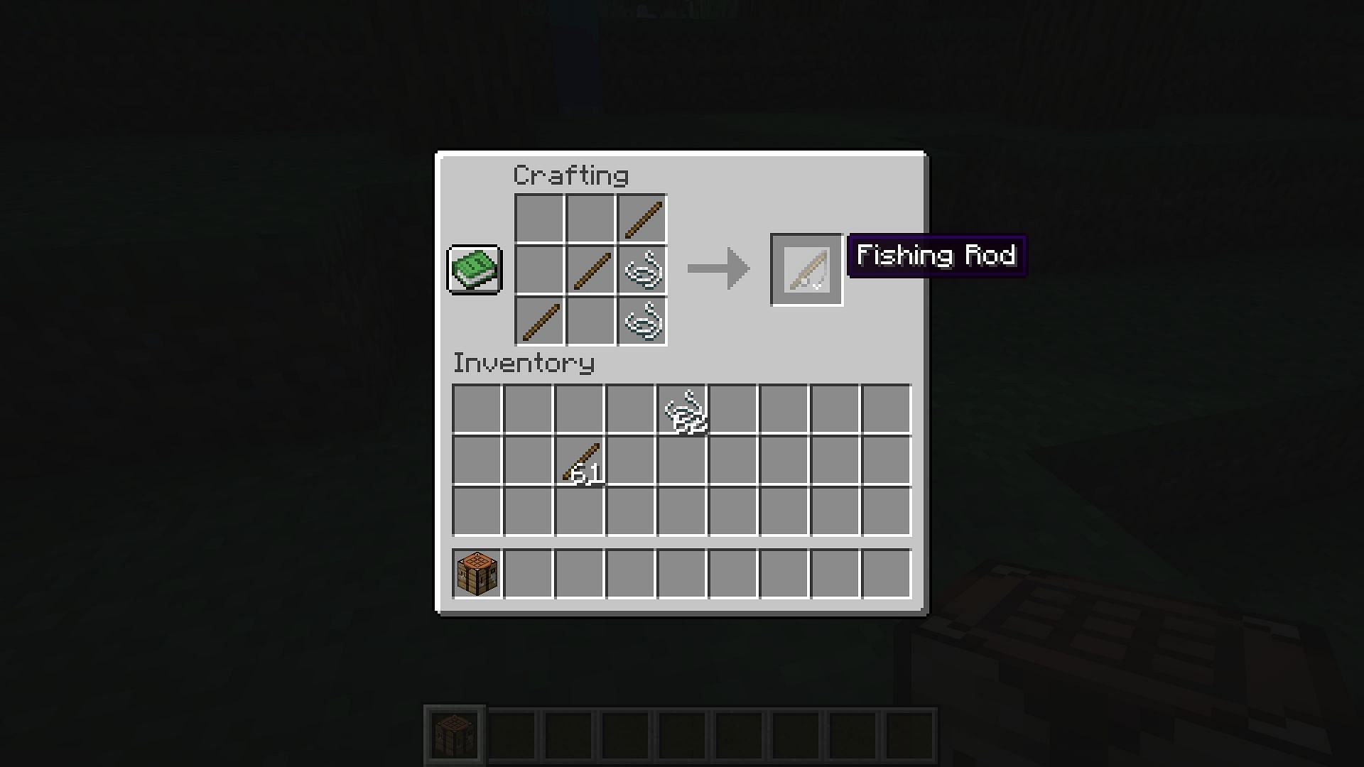 The crafting recipe for a fishing rod (Image via Mojang)