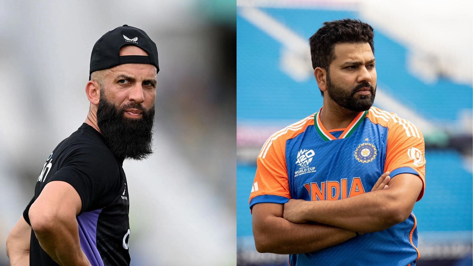 Moeen Ali (L) and Rohit Sharma.