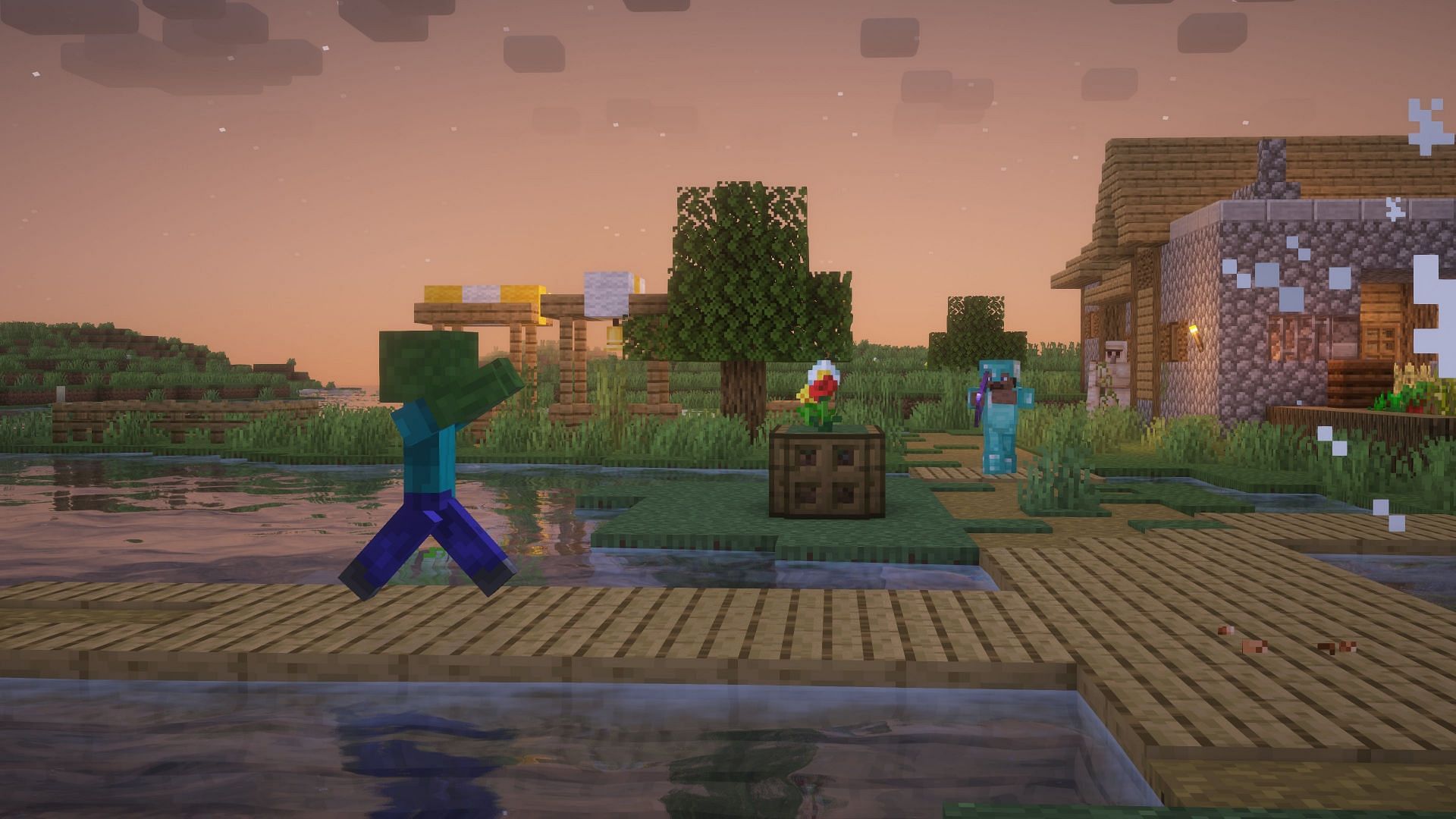 Player aiming at a zombie with an enchanted bow (Image via Mojang)