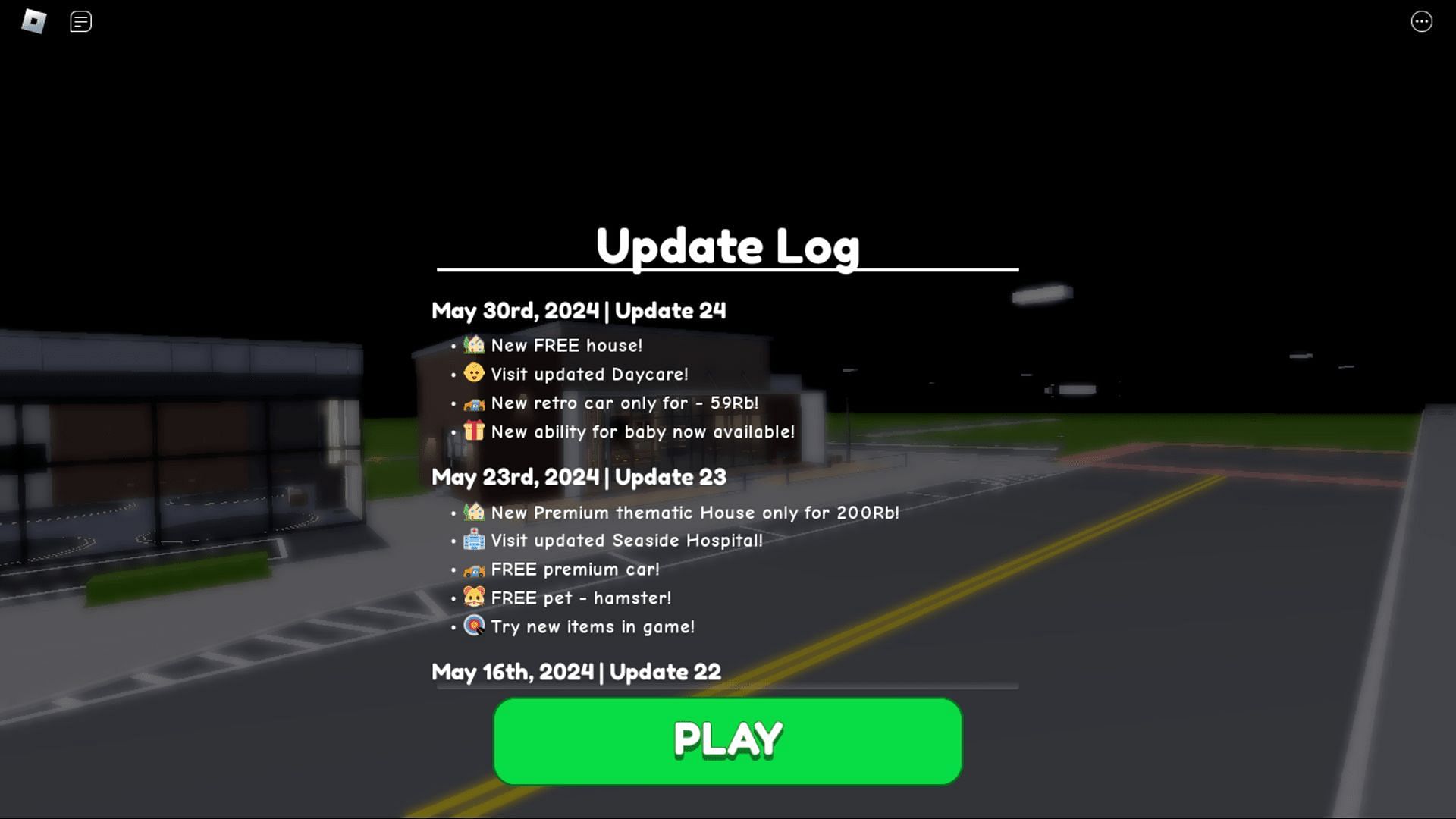 The latest update log in Seaside RP (Image via Roblox)