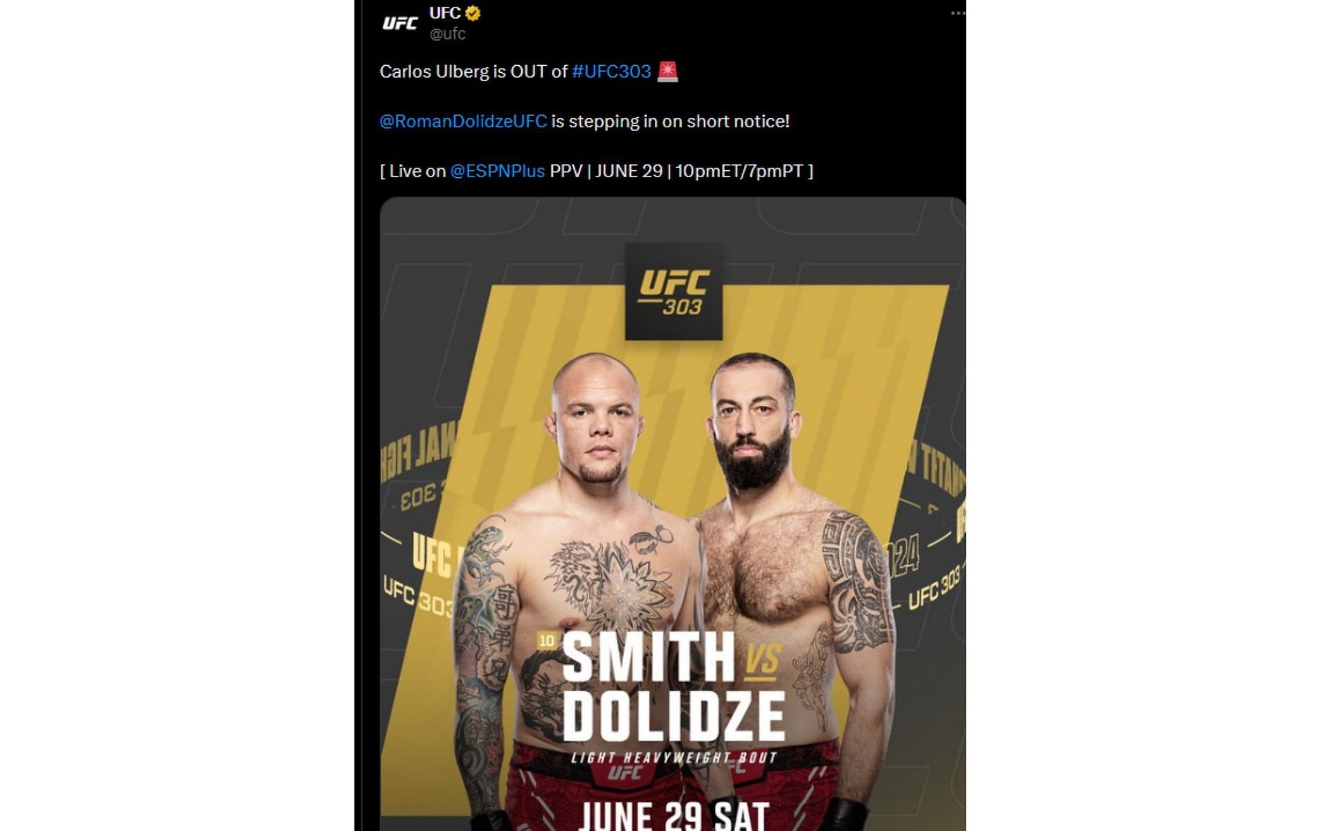 UFC&#039;s tweet regarding Smith vs. Dolidze [Image courtesy: @ufc - X]