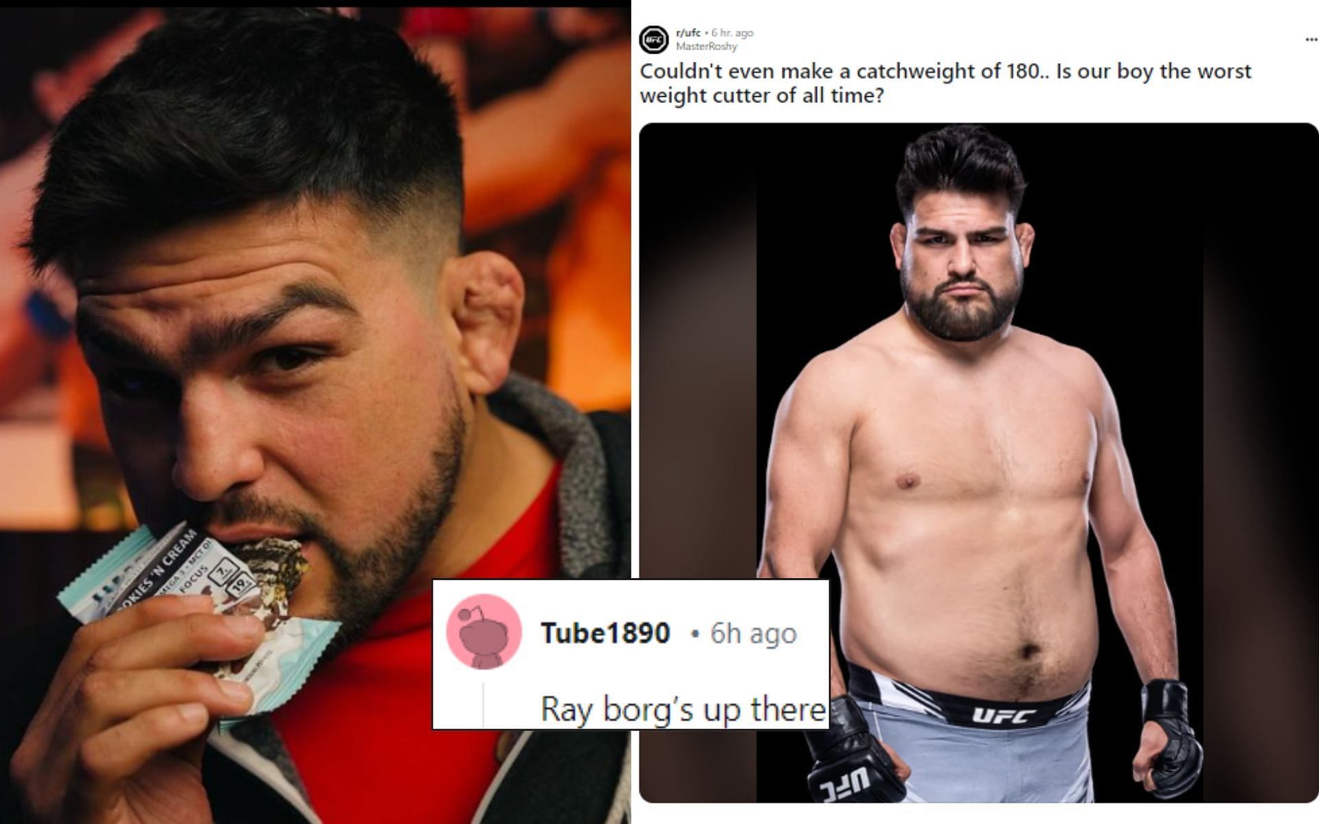 Fans on Reddit discuss (insert, right) on whether or not Kelvin Gastelum is the worst UFC fighter at beating the scale. [Image credit: @kgastelum on Instagram, the UFC