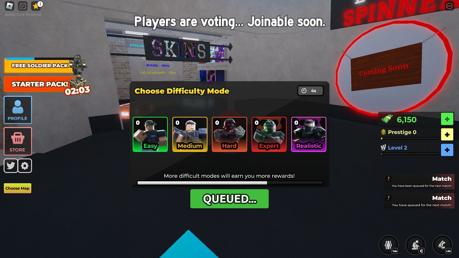 Available difficulty options (Image via Roblox)