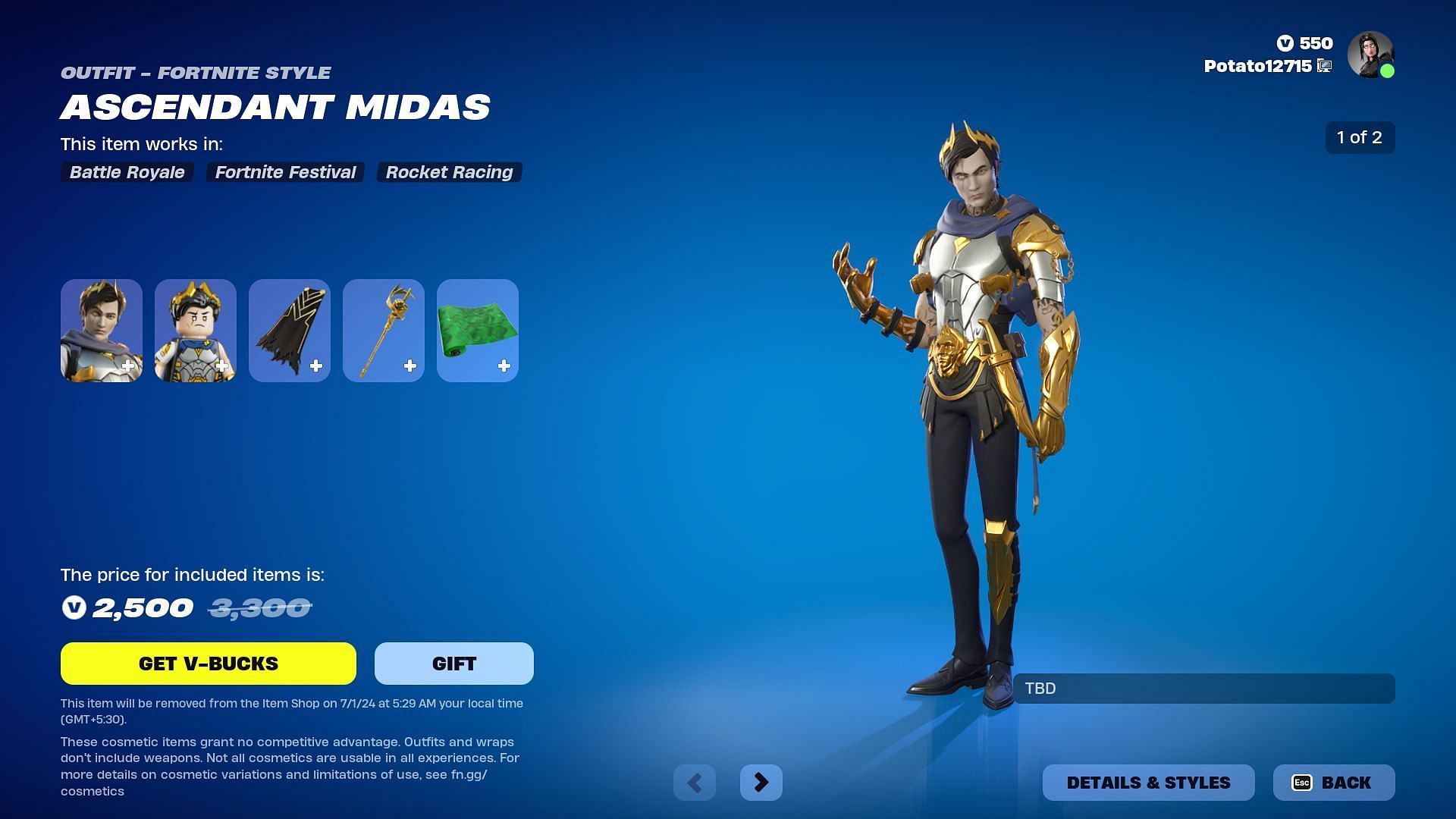 Ascendant Midas skin will be listed until July 1, 2024 (Image via Epic Games)