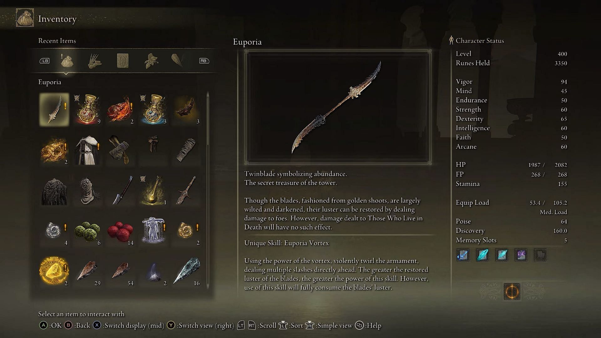 The stats of Euporia Twinblade (Image via FromSoftware || YouTube: Caspahz)