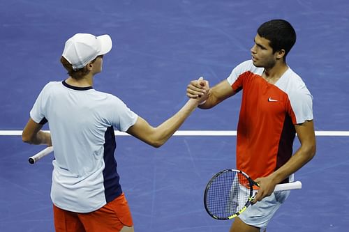 Jannik Sinner (L) and Carlos Alcaraz pictured at the 2022 US Open