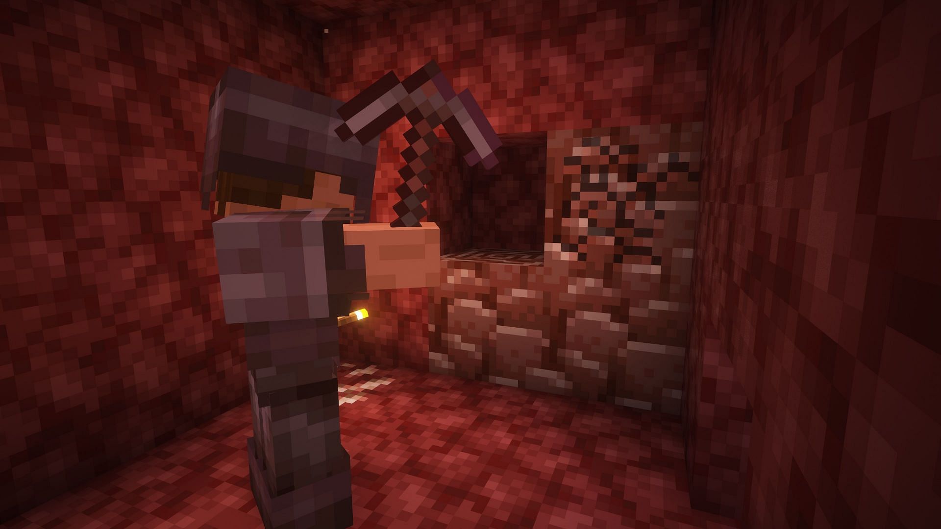 Minecraft player mining ancient debris (Image via Mojang)