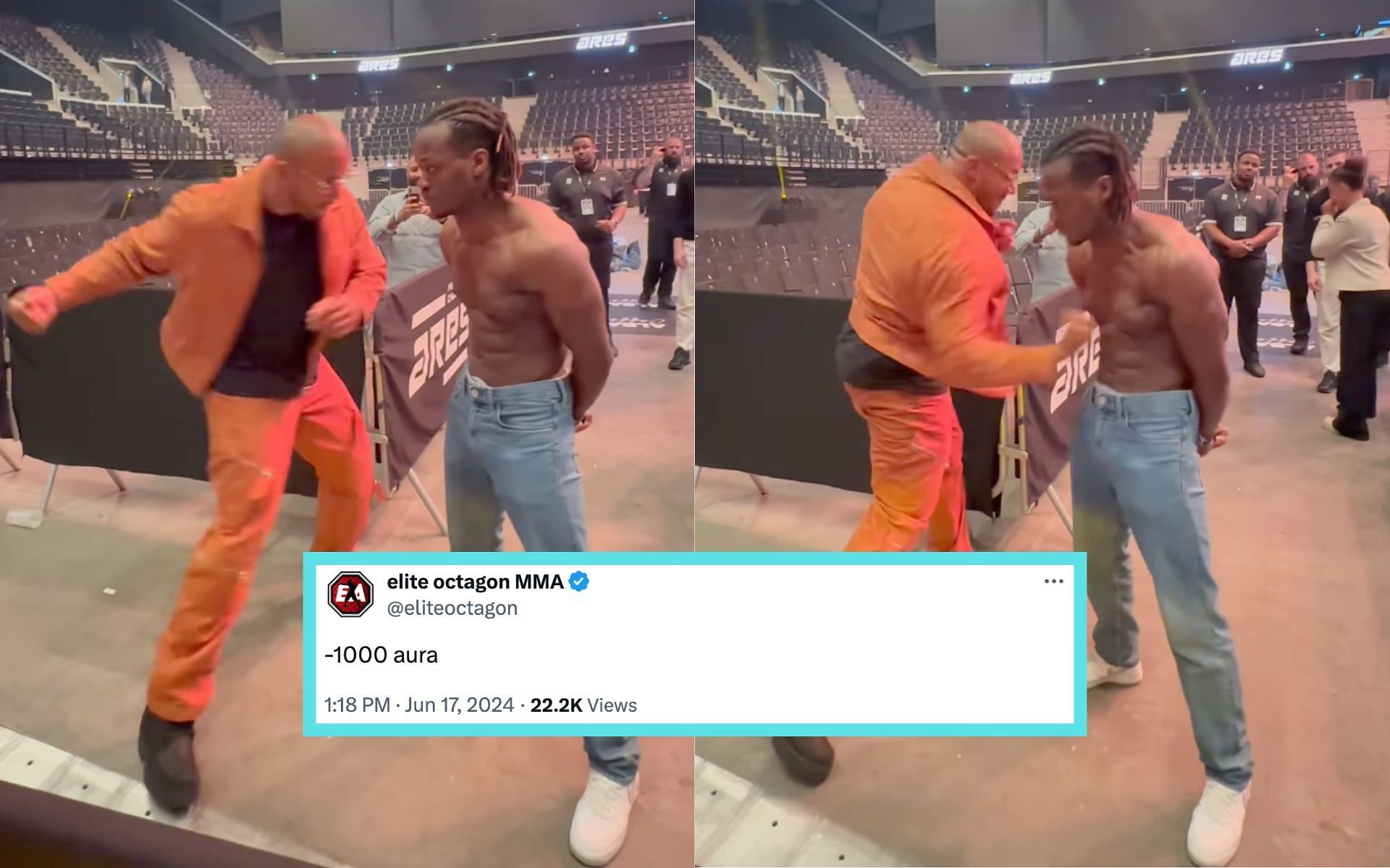 Fans react to Ciryl Gane (left) failing to make an amateur MMA fighter (right) flinch from body shots. [Image courtesy: @idriss.5k on Instagram]