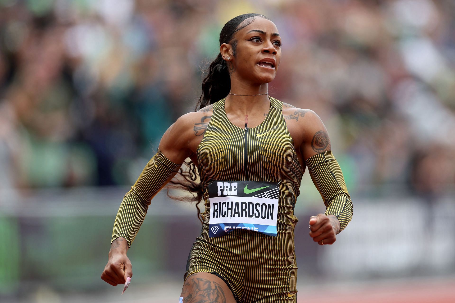 Sha&#039;Carri Richardson of Team USA wins the women&#039;s 100m during the Prefontaine Classic at Hayward Field in Eugene, Oregon.